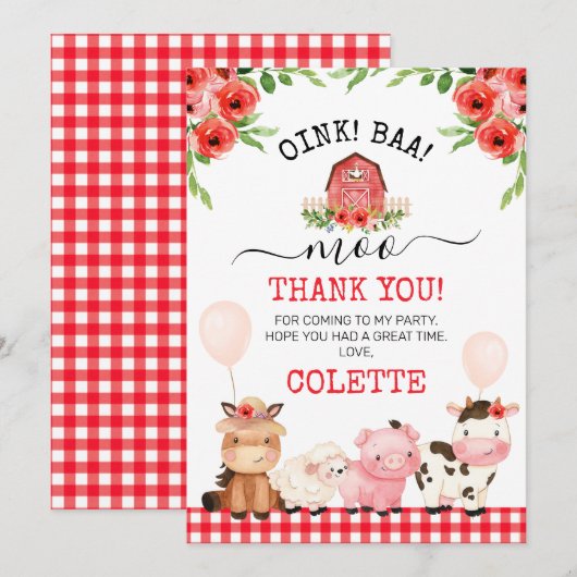 Red Barn Oink Baa Moo Boerderij Birthday Dank je w Kaart (Voorkant / Achterkant)