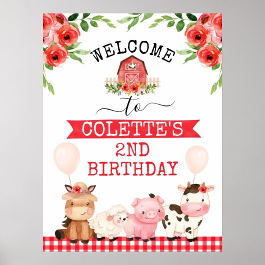 Red Barn Oink Baa Moo Boerderij Birthday Welkom Poster (Voorkant)