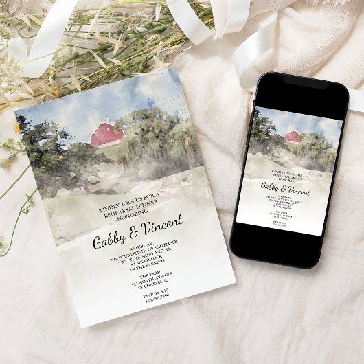 Red Barn op Hill Boerderij Waterverf Kaart