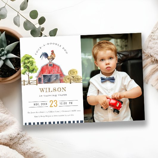 Red Barn Rooster Waterverf Foto Birthday Invite Bedankkaart