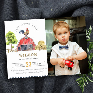 Red Barn Rooster Waterverf Foto Birthday Invite Kaart