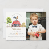 Red Barn Rooster Waterverf Foto Birthday Invite Kaart (Voorkant)