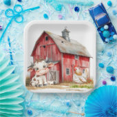 Red Barn Schattigee Koe en Chicken Boy Verjaardags Papieren Bordje (Feest)