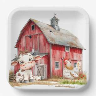 Red Barn Schattigee Koe en Chicken Boy Verjaardags Papieren Bordje