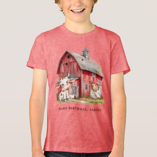 Red Barn Schattigee Koe en Chicken Boy Verjaardags Tri-Blend Shirt (Voorkant)