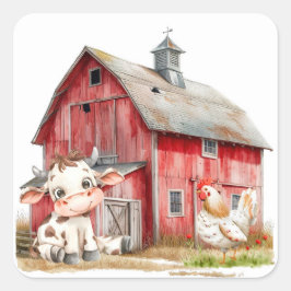 Red Barn Schattigee Koe en Chicken Boy Verjaardags Vierkante Sticker