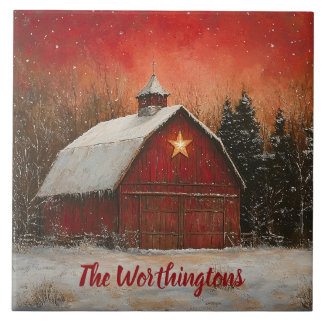 Red Barn & Snow Orange Winter Sunset Farmhouse  Tegeltje
