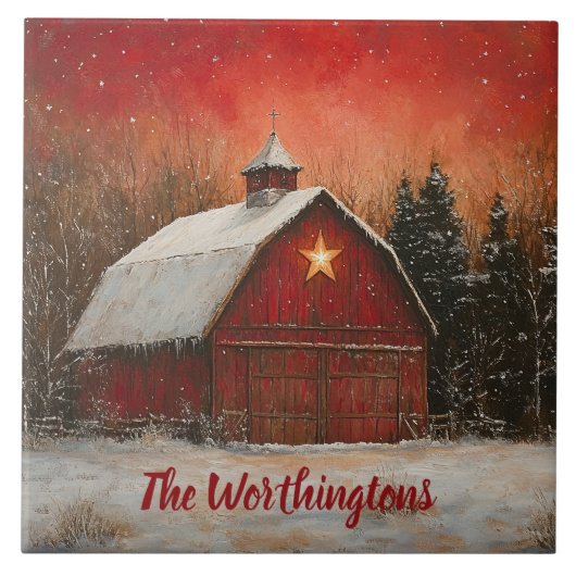 Red Barn & Snow Orange Winter Sunset Farmhouse  Tegeltje (Voorkant)