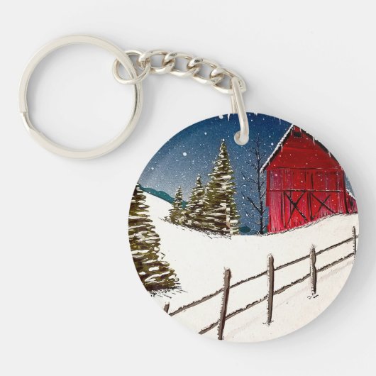 Red Barn Snowy Landscape Sleutelhanger (Voorkant)