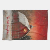 Red Barn w Star n Winter Trees Farmhouse Monogram Theedoek (Horizontaal)