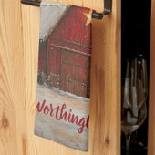 Red Barn w Star n Winter Trees Farmhouse Monogram Theedoek