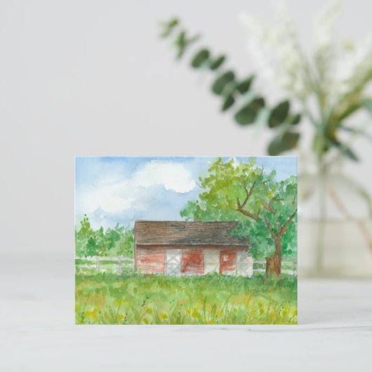 Red Barn Waterverf Landschapskunst Briefkaart (Staand voorkant)