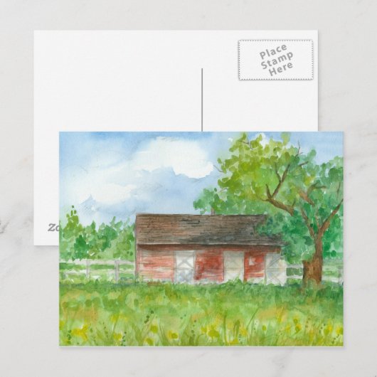 Red Barn Waterverf Landschapskunst Briefkaart (Voorkant / Achterkant)