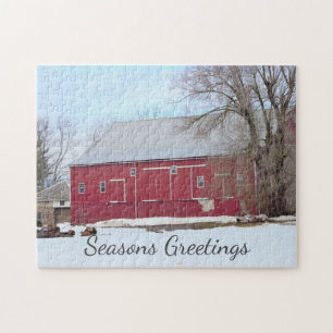 Red Barn Winter Scene Jigzaag Puzzle Legpuzzel