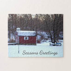 Red Barn Winter Scene Jigzaag Puzzle Legpuzzel