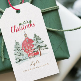 Red Barn Winter Woodland Vrolijk kerstfeest Cadeaulabel
