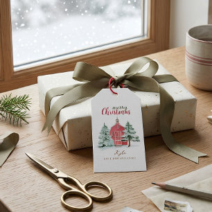 Red Barn Winter Woodland Vrolijk kerstfeest Cadeaulabel