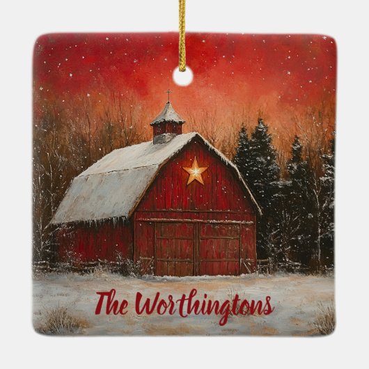 Red Barn with Star and Trees Farmhouse Monogram Keramisch Ornament (Achterkant)