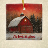 Red Barn with Star and Trees Farmhouse Monogram Keramisch Ornament