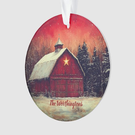 Red Barn with Star and Trees Farmhouse Monogram Ornament (voorkant)