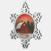 Red Barn with Star and Trees Farmhouse Monogram Tin Sneeuwvlok Ornament (Rechts)