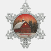 Red Barn with Star and Trees Farmhouse Monogram Tin Sneeuwvlok Ornament (Voorkant)