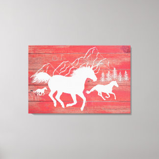 Red Barn Wood Galloping Horses Silhouette Canvas Afdruk