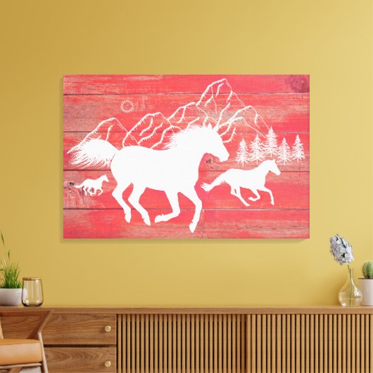 Red Barn Wood Galloping Horses Silhouette Canvas Afdruk (Insitu (Woonkamer))