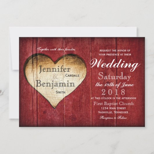 Red Barn Wood Heart Country Wedding Invitations Kaart (Voorkant)