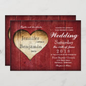 Red Barn Wood Heart Country Wedding Invitations Kaart (Voorkant / Achterkant)