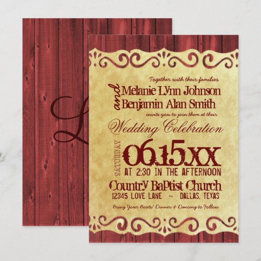 Red Barn Wood  Paper Wedding Invitations Kaart (Voorkant / Achterkant)