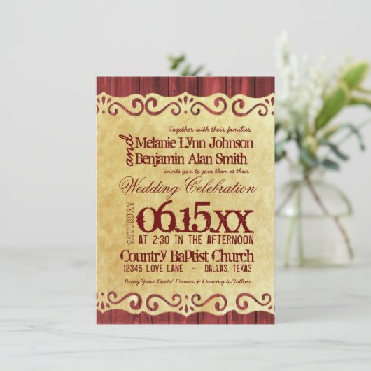 Red Barn Wood  Paper Wedding Invitations Kaart (Staand voorkant)