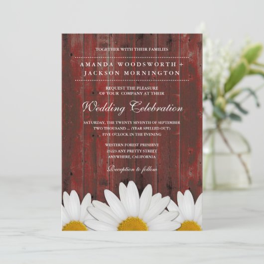 Red Barn Wood Rustic Daisy Wedding Invitations Kaart (Staand voorkant)