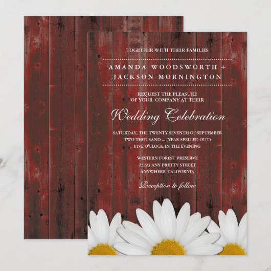 Red Barn Wood Rustic Daisy Wedding Invitations Kaart (Voorkant / Achterkant)