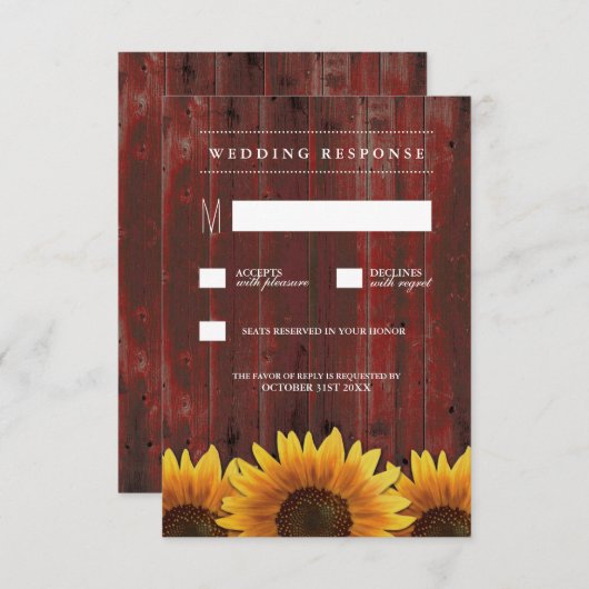 Red Barn Wood Rustieke Zonnebloem Bruiloft RSVP Ka (Voorkant / Achterkant)
