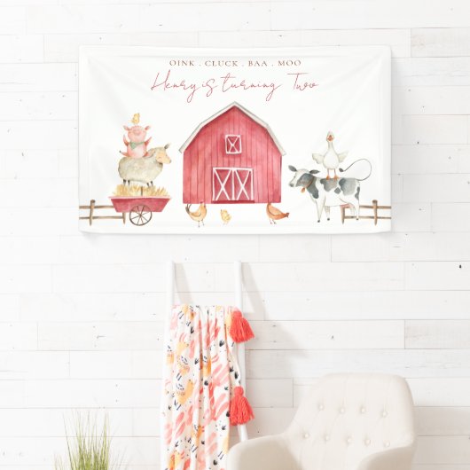 Red Barnyard Animals Kinderverjaardagsfeestje Spandoek (Insitu)