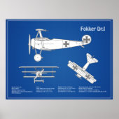 Red Baron Fokker DR1 - Vliegtuigblauwdruk ABD Poster (Voorkant)
