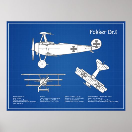 Red Baron Fokker DR1 - Vliegtuigblauwdruk ABD Poster (Voorkant)