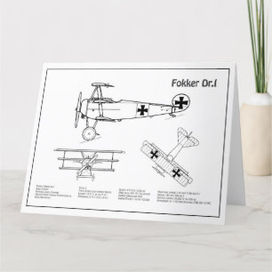 Red Baron Fokker DR1 - Vliegtuigblauwdruk BD Bedankkaart