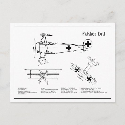 Red Baron Fokker DR1 - Vliegtuigblauwdruk BD Briefkaart (Voorkant)