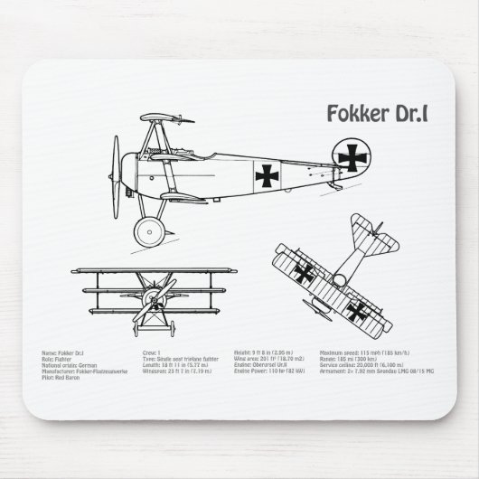 Red Baron Fokker DR1 - Vliegtuigblauwdruk BD Muismat (Voorkant)