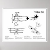 Red Baron Fokker DR1 - Vliegtuigblauwdruk BD Poster (Voorkant)