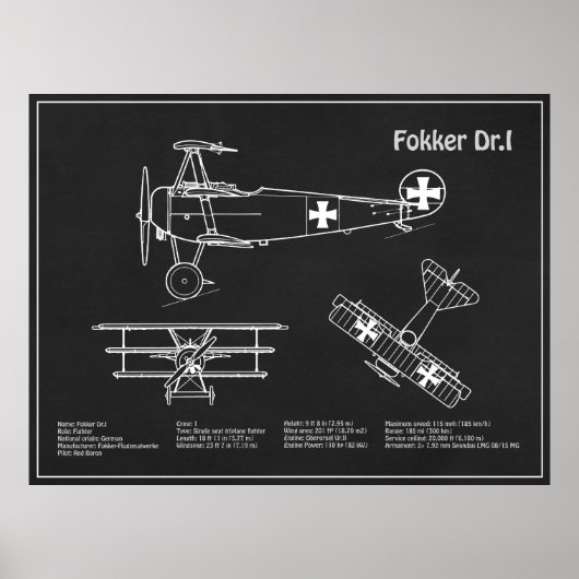 Red Baron Fokker Dr.1 - Vliegtuigblauwdruk PD Poster (Voorkant)