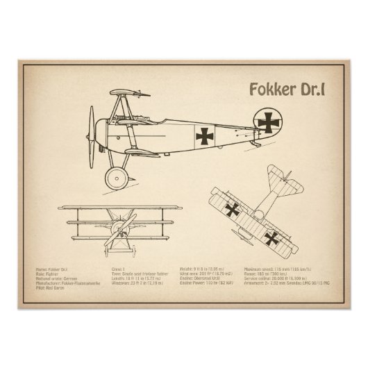 Red Baron Fokker Dr.1 - Vliegtuigblauwdruk SD Foto Afdruk (Voorkant)
