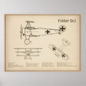Red Baron Fokker Dr.1 - Vliegtuigblauwdruk SD Poster (Voorkant)
