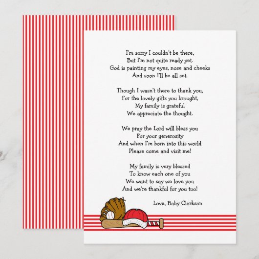 Red Baseball Baby shower Dank u wel, gedicht Bedankkaart (Voorkant / Achterkant)
