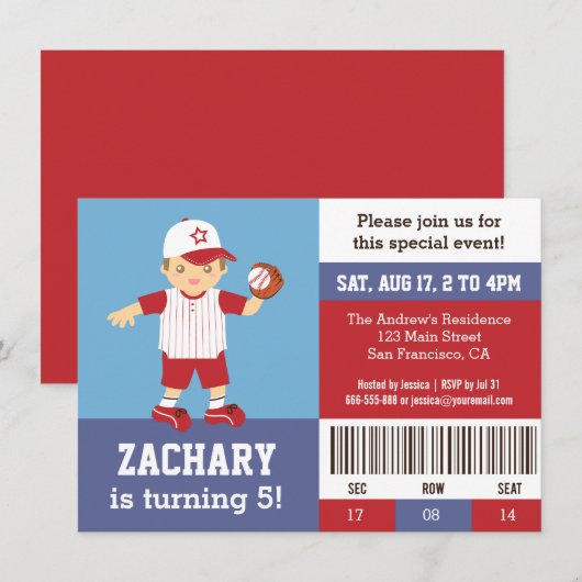 Red Baseball Boy Birthday Party Ticket Invitation Kaart (Voorkant / Achterkant)