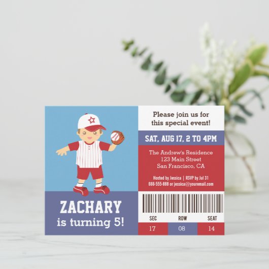 Red Baseball Boy Birthday Party Ticket Invitation Kaart (Staand voorkant)
