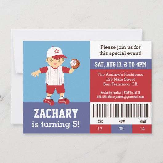 Red Baseball Boy Birthday Party Ticket Invitation Kaart (Voorkant)