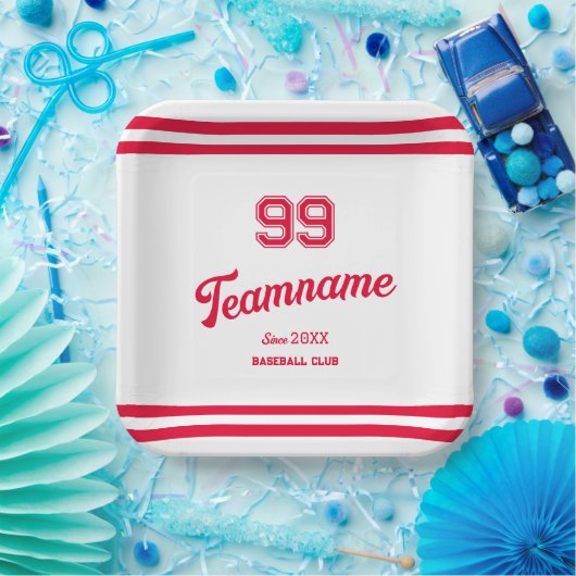 Red Baseball Club Custom Player Nummer & TeamName Papieren Bordje (Feest)